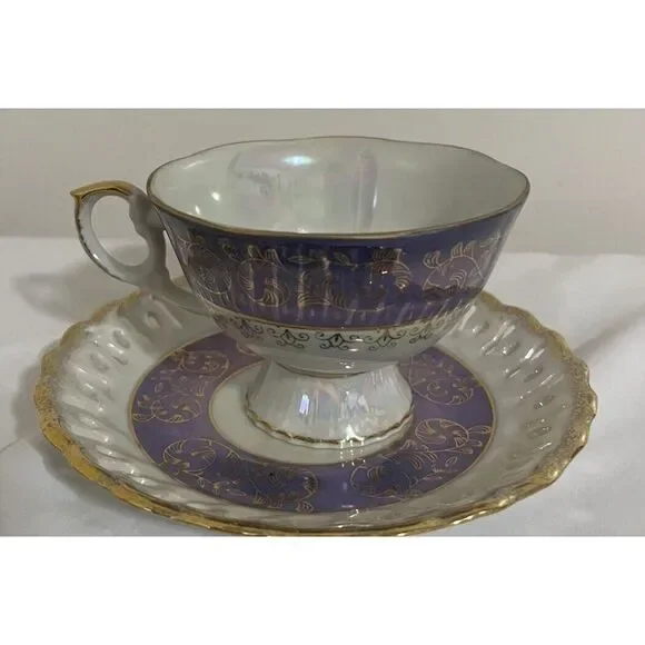 Vintage KPM Japan Lusterware Periwinkle Footed Tea Cup and‎ Saucer Luminous - Picture 4 of 7